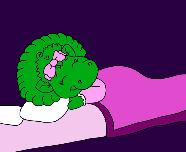 Baby Bop sleeping in bed