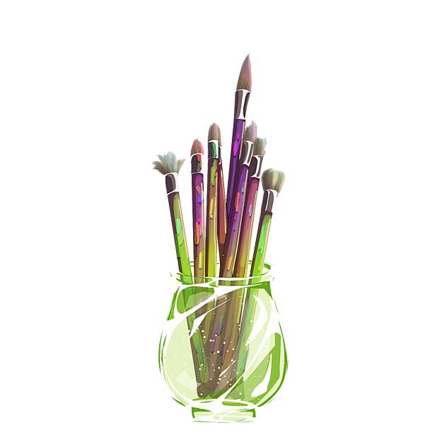 green jar of paint brushes