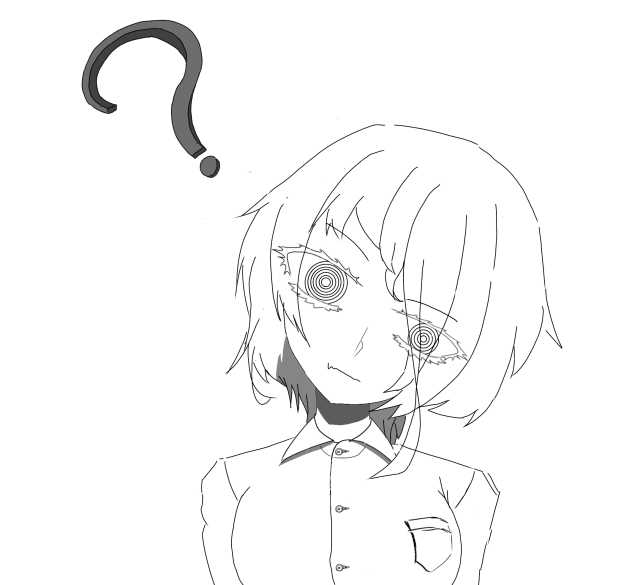 首をかしげるぐるぐる目の女の子