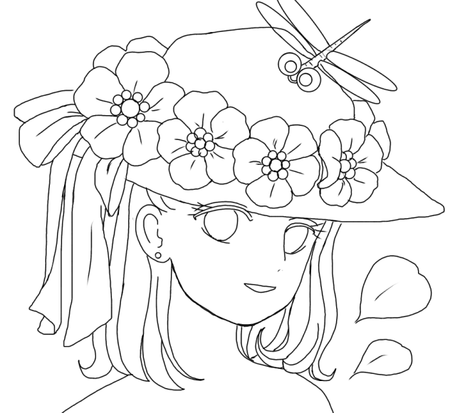 線画  お花の帽子とトンボ