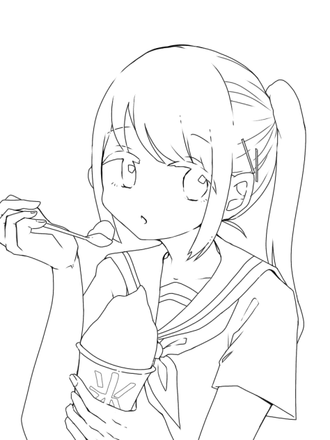 線画 かき氷を食べる女の子