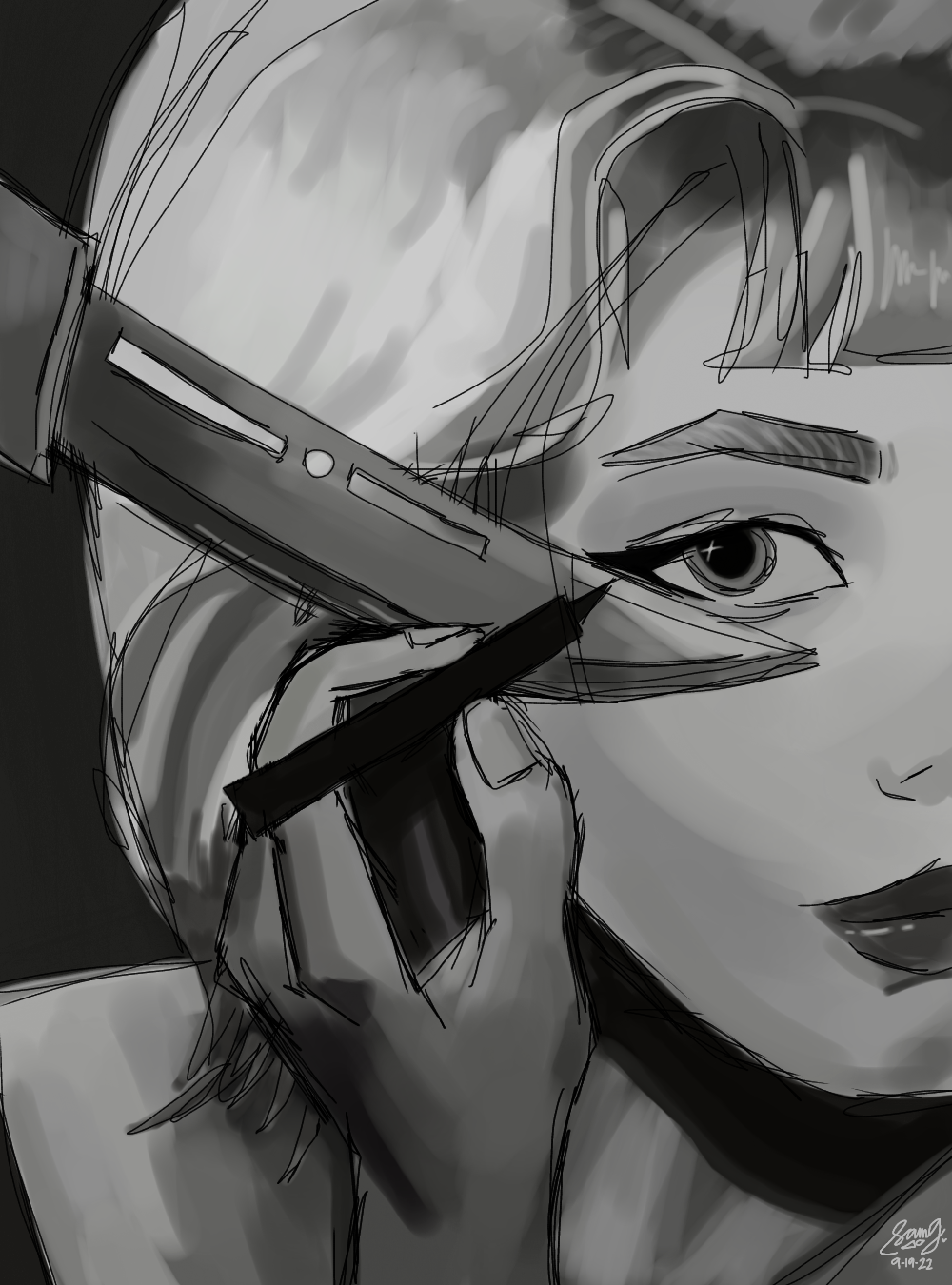 Woman putting eyeliner on with a knife ibisPaint