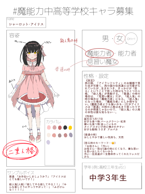 魔能力中高等学校キャラ募集！