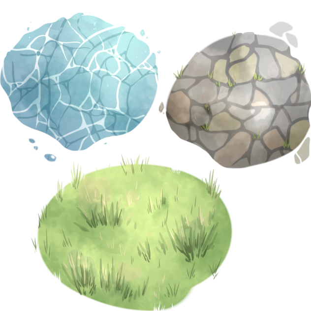 草原、石畳、水面