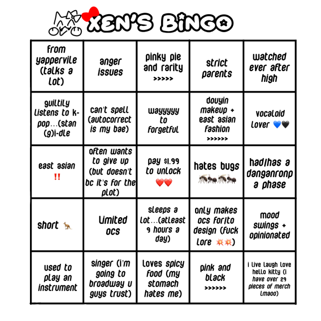Xen’s bingo ❤️❤️