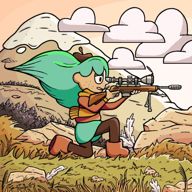 Hilda armada com um rifle de precisão