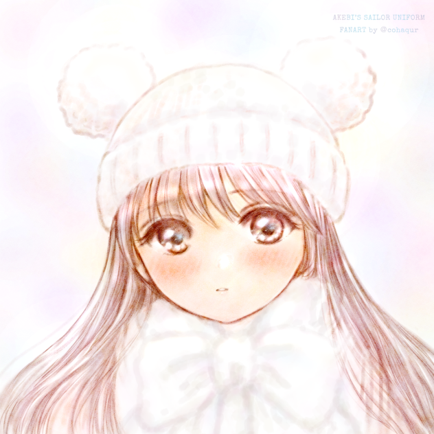 ニット帽真っ白コーデの明日小路ちゃん。