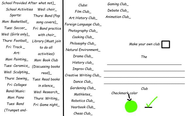 Club or Afterschool sheet