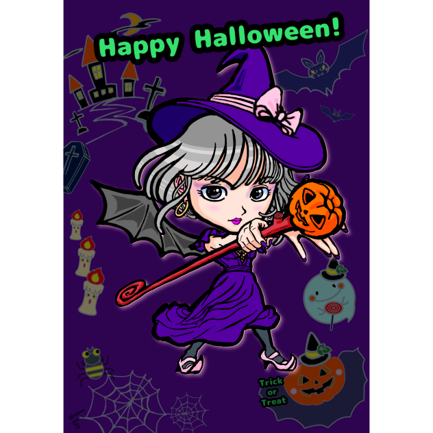 ハロウィン　魔法使い8 最終、背景ありパープル