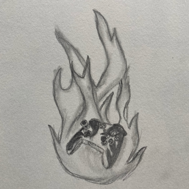 X-Box controller in front of fire