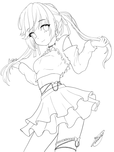 ツインテとティアードスカート（線画）