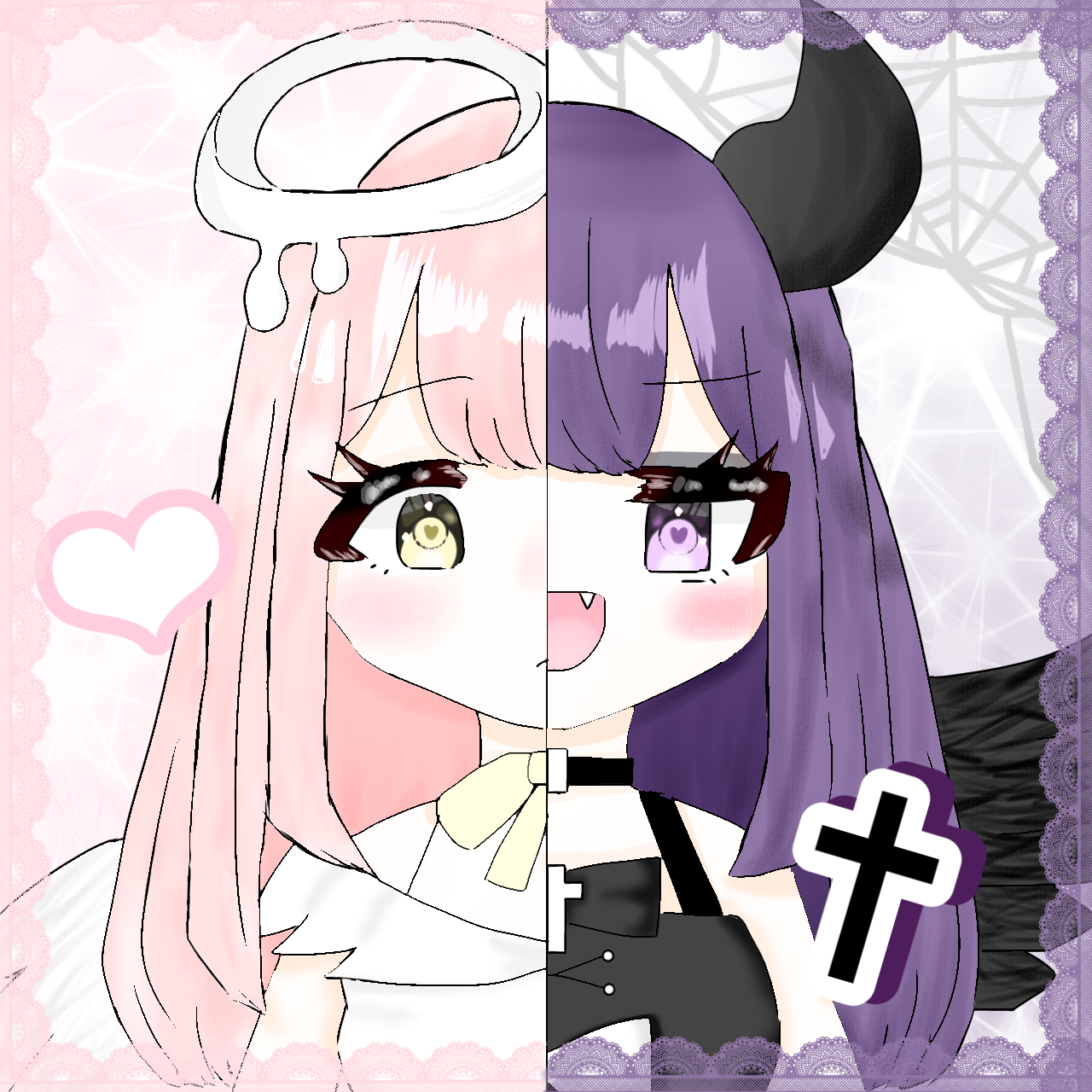 【F6号/2023年製作】２娘１（ニコイチ）天使と悪魔【イラストアート】 F6号/2023年製作】2娘1（ニコイチ）天使と悪魔【イラスト