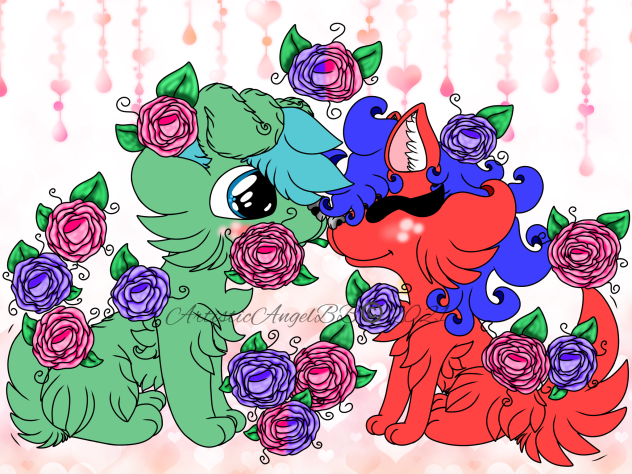 Green And Red Pups In Love
