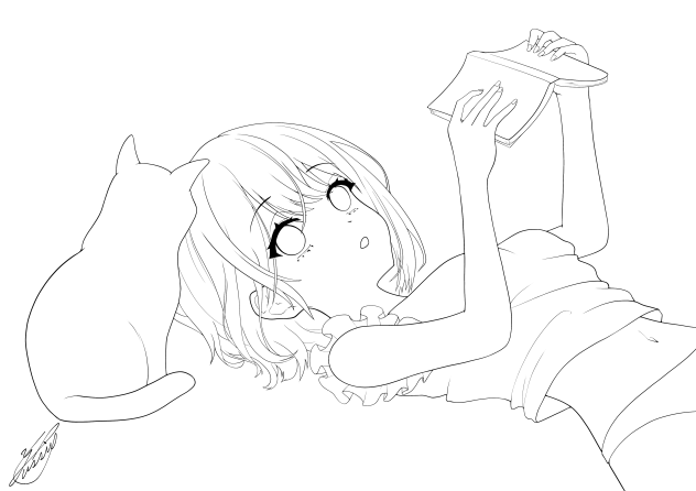 読書と猫（線画）