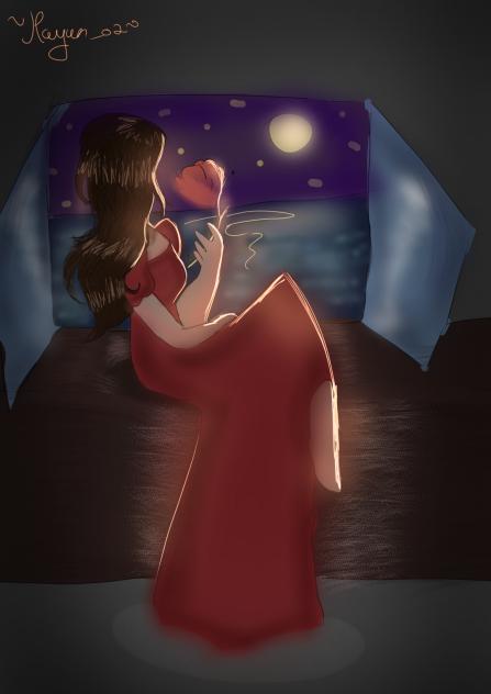 a girl sitting by her window at night - ibisPaint