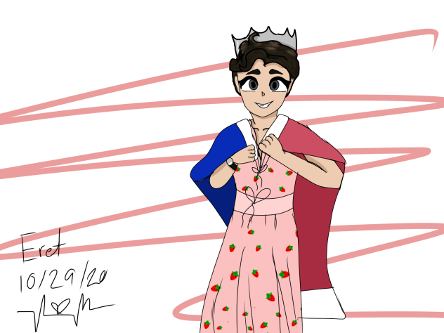 Eret in his strawberry dress