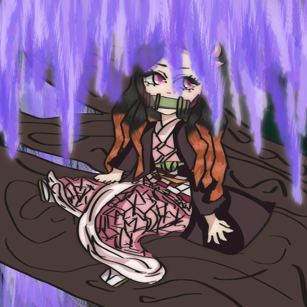 nezuko sitting with wisterias