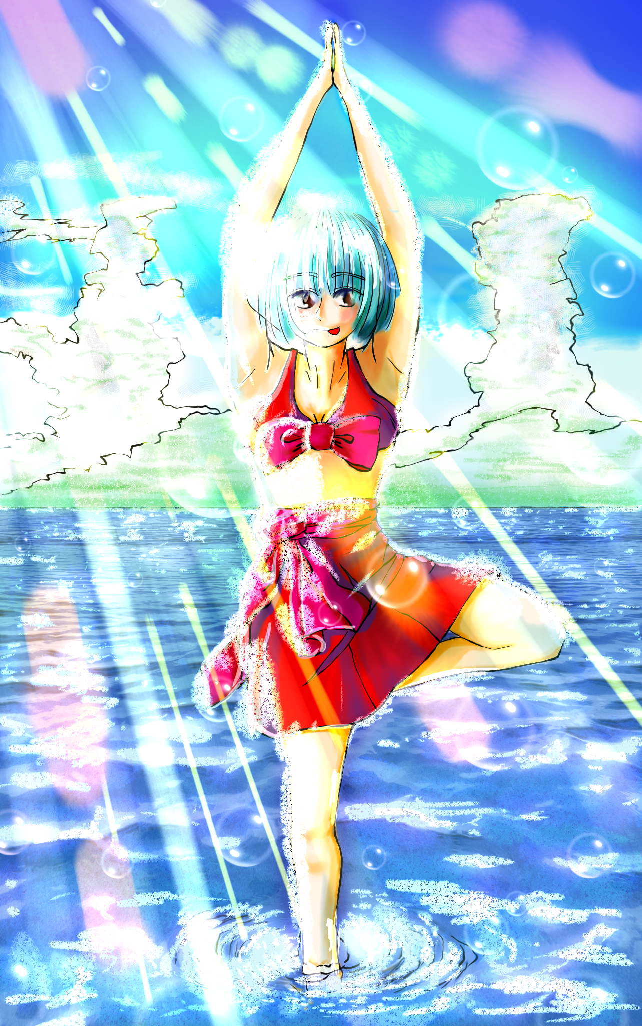 海辺でヨガのポーズ にゃんこちゃん Ibispaint