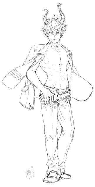 線画練習③ 男の子のおっぱいも描きたくなった。