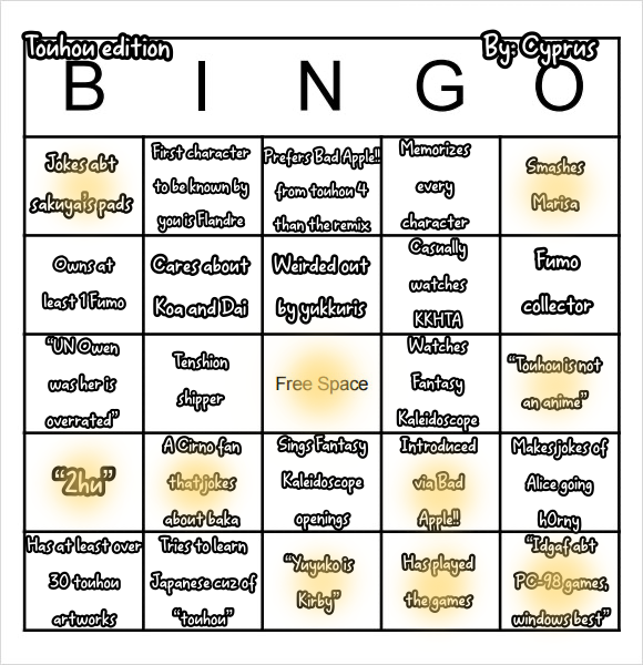 Touhou BINGO template filled