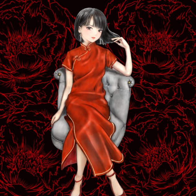 牡丹とチャイナドレスの女の子。