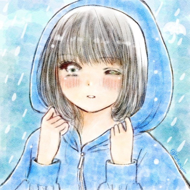 急な雨で慌ててパーカーかぶってる女の子。