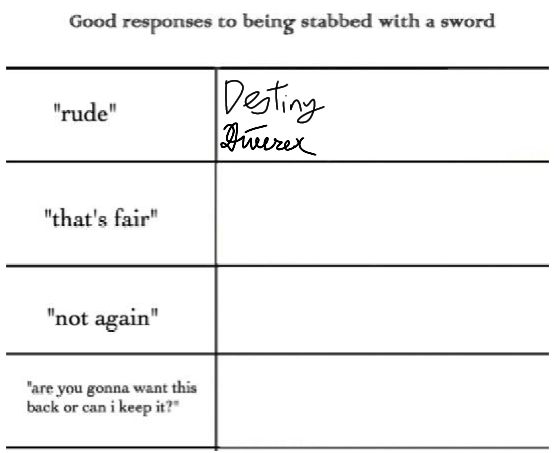 Responses to being stabbed..By Destiny!