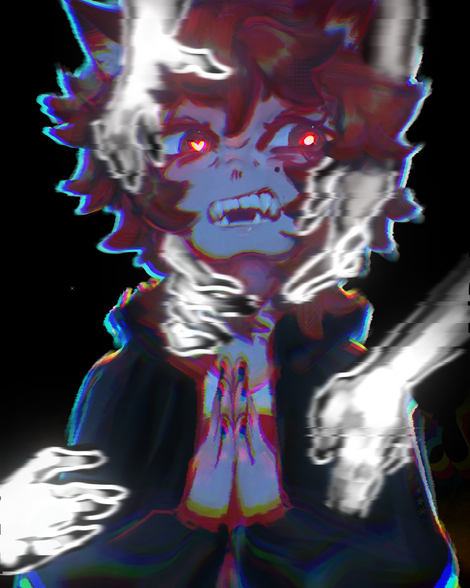 I made this for a collab with some guy named Cal, it took 20 hours to finish mine...still worth it cuz I'm still ok with it! I learned a lot about the filters and effects available in ibis paint and how to play with colors. I did forget I can hotlink the image so I was stuck on figuring out how tf to make the image load for hours </3.