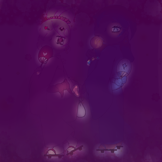 two colorful girls walking in fog