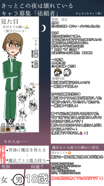 『きっとこの夜は壊れてる』キャラ募遅くなりました…