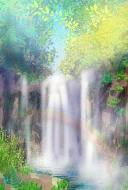 背景イラスト 滝の虹