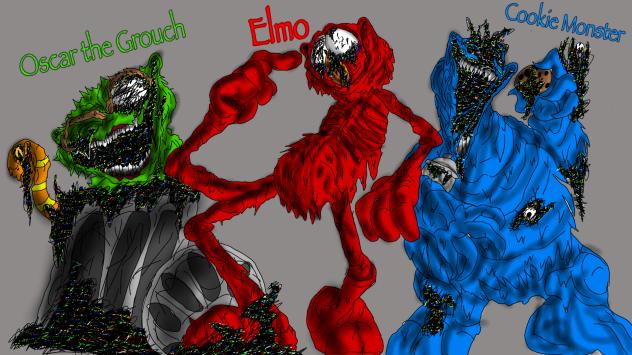 Elmo, Oscar, Cookie Monster, corrupted