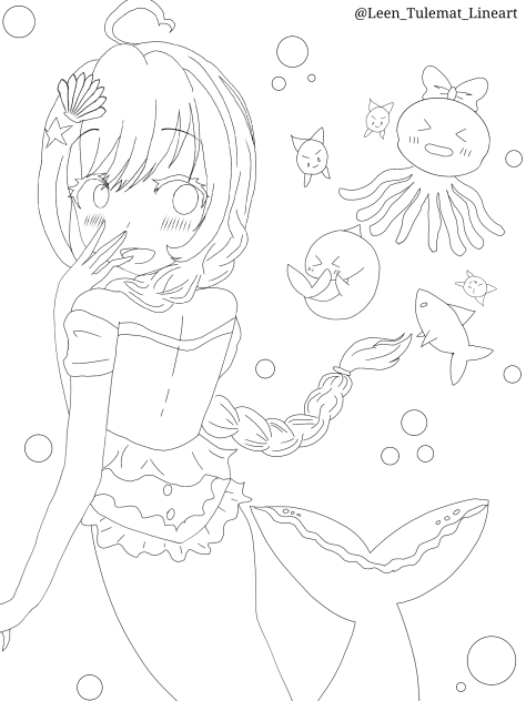 魚で遊ぶ久香 (ぬりえ)