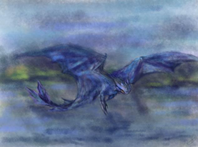 Night fury hovering over the lake