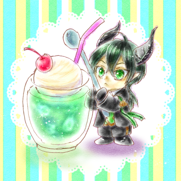 メロンソーダフロートとツノ太郎