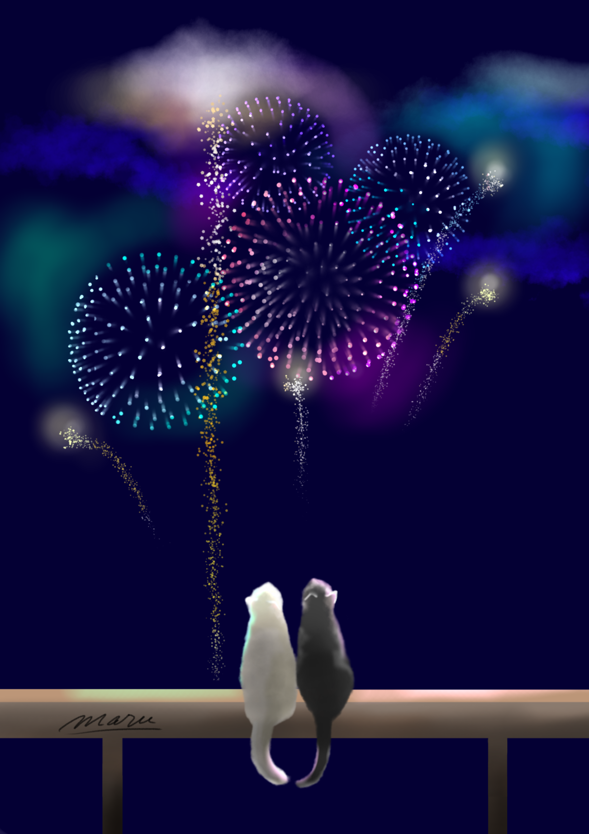 「 花火じゃらし 」B5大きめ 花火 盆おどり 猫イラスト 色鉛筆画 花火と猫 - ibisPaint