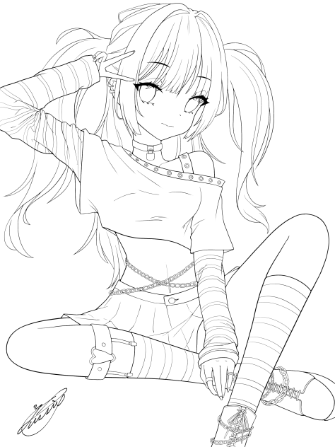 ハーフツイン女子（線画）
