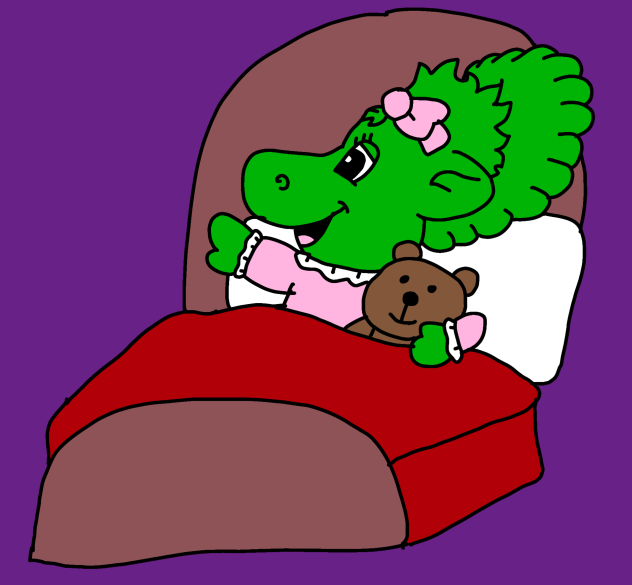 Baby Bop in bed with her teddy bear