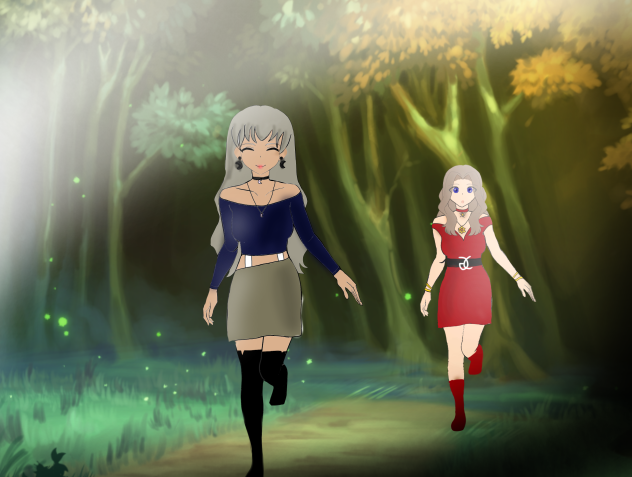 Two friends running in a forest