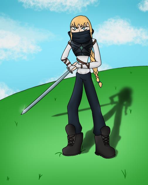 Vwula in a field, sword in hand
