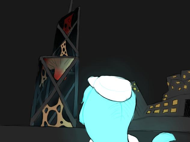 Connie looking at a tower