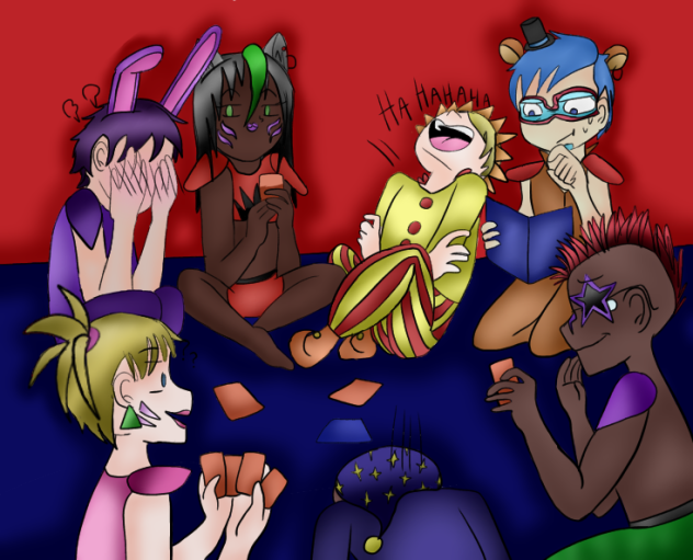 The whole gang playing cards