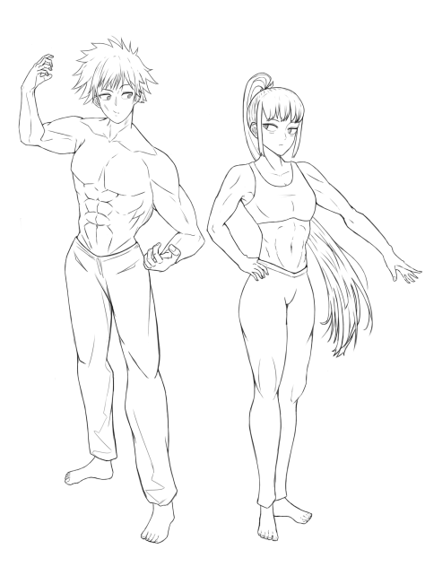 男女二人、仲良しタッグ？　線画