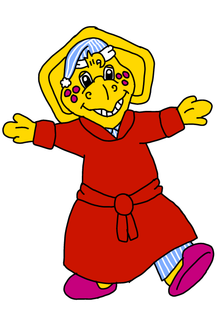 BJ wearing a red dressing gown