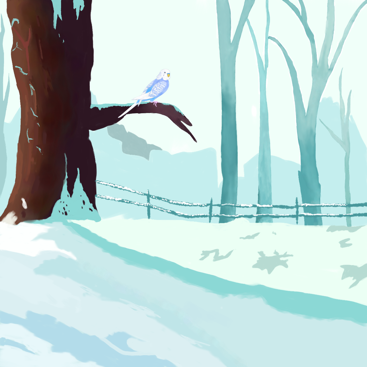 Snowy Forest With Bluebird - ibisPaint