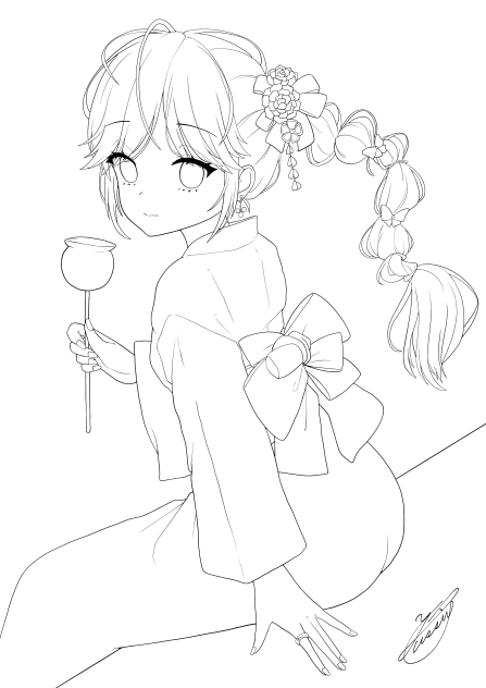 浴衣とりんご飴（線画）