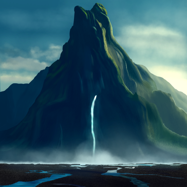 mountain with waterfall.