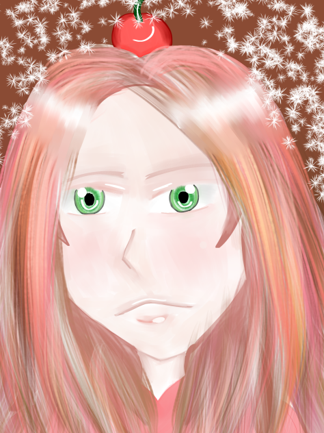 Rainbow girl with an apple on her head