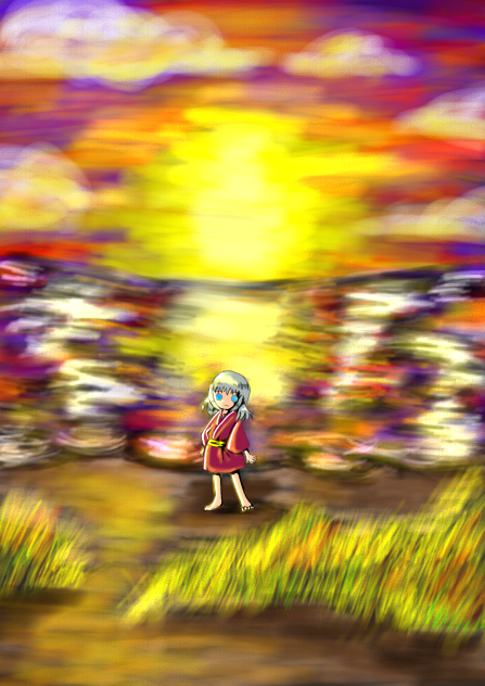 夕日に佇む着物少女