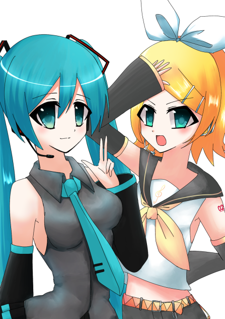 初音ミクと鏡音リン描いたよ〜